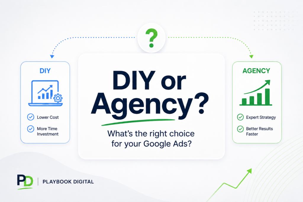 Google Ads DIY vs agency comparison showing cost and time trade-offs against expert strategy and faster results.