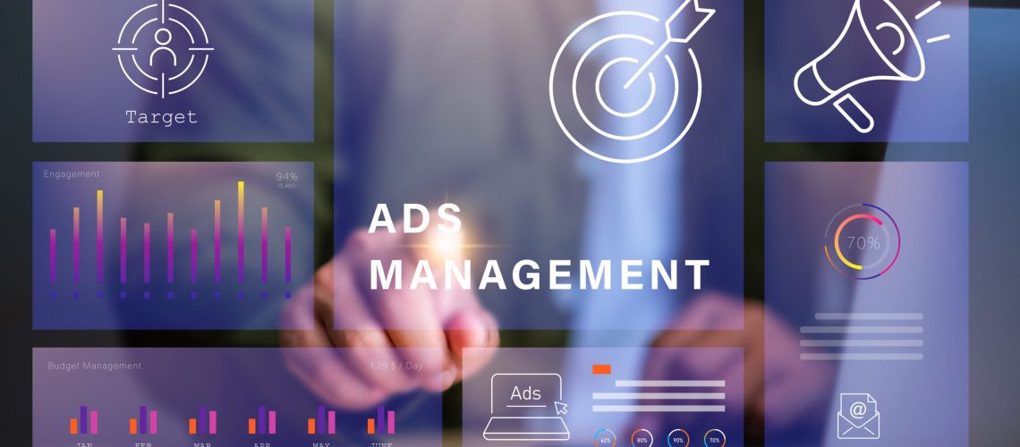 ADS Management , Man using laptop to manage advertise project to get a high efficiency result.