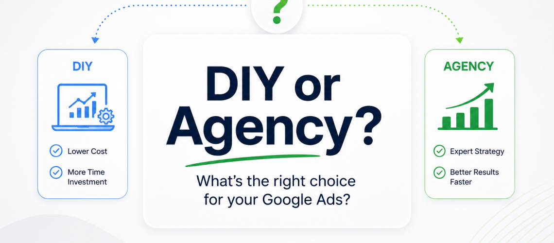 Google Ads DIY vs agency comparison showing cost and time trade-offs against expert strategy and faster results.
