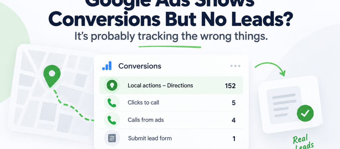 Graphic showing Google Ads conversions versus real leads, with 152 direction requests compared with only a few calls and form submissions, illustrating how inflated conversion tracking can hide poor lead performance.