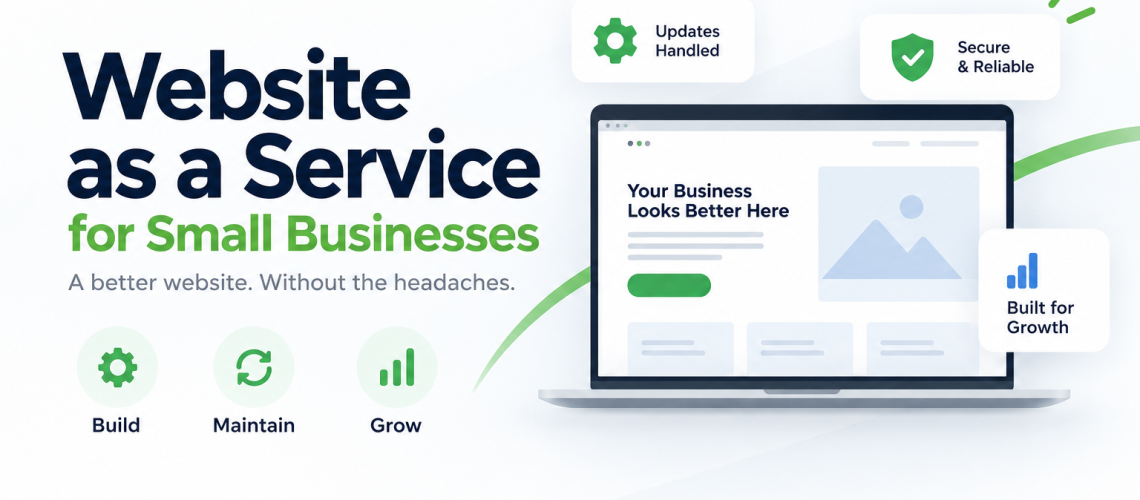 graphic promoting Website as a Service for small businesses, with a laptop website mockup and icons for updates, security, maintenance, and growth
